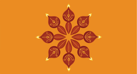 A decorative mandala pattern of eight traditional Indian Diya oil lamps with glowing flames.