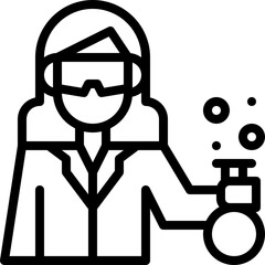 Outline Icon of a Scientist Woman Wearing Safety Goggles Holding a Flask with Bubbles in a Laboratory Setting Representing Science and Research