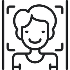 Outline Icon of a Smiling Person Centered Within a Face Recognition Frame on a Transparent Background