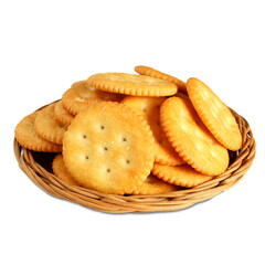round cracker biscuits or cookie isolated in basket, cutout in transparent background, png format