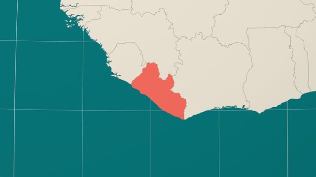 Liberia map. Animated zoom into the country on the Globe in Teal Pale Mint color palette. Country logo animation. Map with meridians, parallels. Creative video.