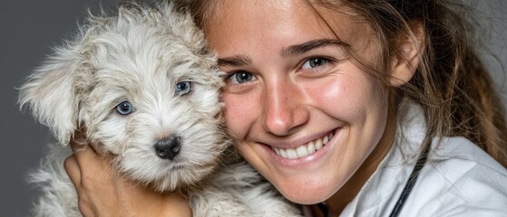 Happy young woman holds adorable fluffy puppy in a warm and joyful embrace showcasing love and companionship