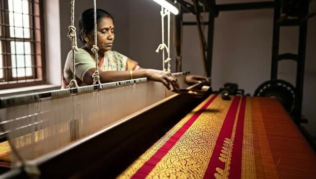 An artisan weaves a vibrantly patterned fabric using an old loom in a dimly lit workshop