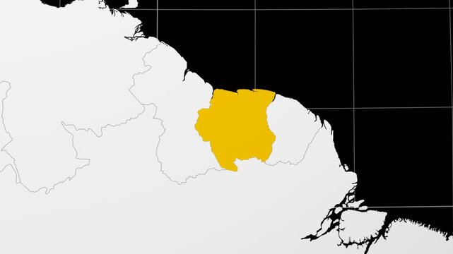 Suriname map. Animated zoom into the country on the Globe in Black White color palette. Country logo animation. Map with meridians, parallels. Alive video.