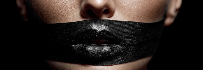 black tape covering a person's mouth in close-up.