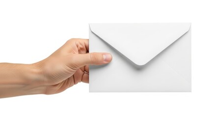 Fototapeta premium Hand holding a white envelope against a white background, ready to send.