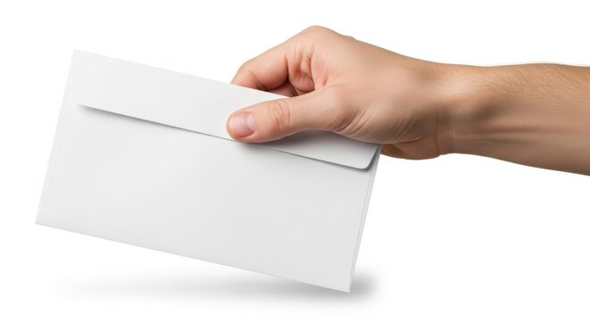 Hand holding a white envelope against a white background.