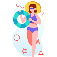 Joyful Young Woman Wearing Purple Bikini and Yellow Sun Hat Running with Teal and White Swim Ring Towards Summer Fun on a Bright Sunny Day