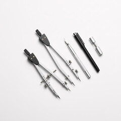 Set of drawing tools on white background. Flat lay, top view.