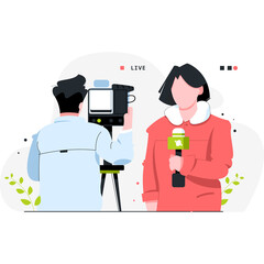 Journalist reporting live news with a camera operator filming the event indoors with a simple background and soft lighting creating a professional atmosphere