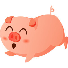 Joyful cartoon pig running happily with pink cheeks and a curly tail on a transparent background