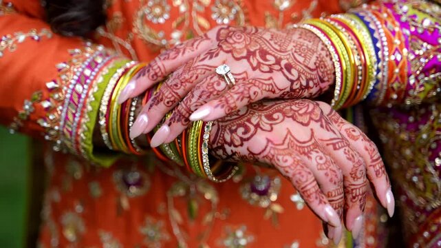 Close up view of Traditional Indian or Pakistan henna painted bridal hands with wedding rings. Bride sorting her bangles on the hands