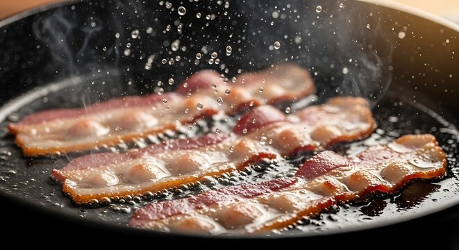 Crispy bacon frying in a hot pan with splattering oil in kitchen