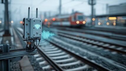 A focused router device placed close to railroad lines with an overlay of blurred signal waves shows how real-time wireless data streaming for train systems has improved.