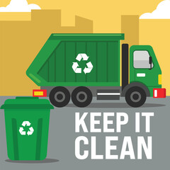 Garbage truck as a vehicle to transport garbage and maintain cleanliness with a city background