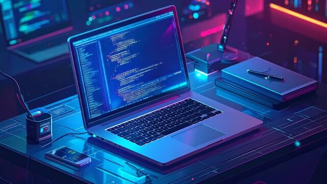 Futuristic Programmer Workspace Displaying Code on a Laptop Screen