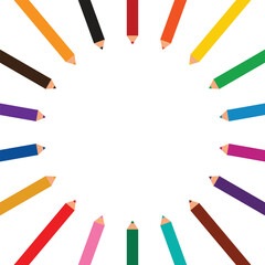 Top view of colorful pencils arranged in a circular pattern on white background with copy space in the center. Minimalist and creative school art concept.