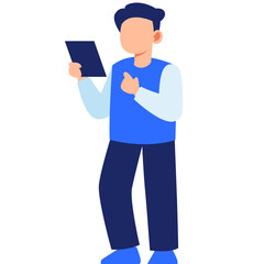 Man Holding Digital Tablet Looking Down and Pointing Finger Minimalist Flat Illustration With Transparent Background Blue Vest White Sleeves Dark Pants Blue Shoes