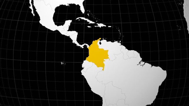 Colombia map. Animated zoom into the country on the Globe in Black White color palette. Country logo animation. Map with meridians, parallels. Appealing video.