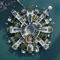 Floating building, Floating architecture, Floating house, Architecture of the future, on the water, AI Generative