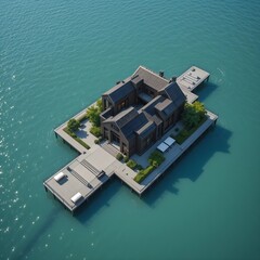Floating building, Floating architecture, Floating house, Architecture of the future, on the water, AI Generative