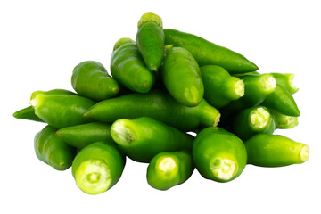 Pile of fresh green chili peppers on white background