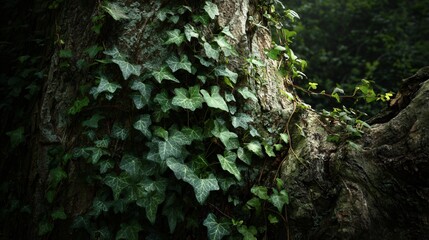 Lush green ivy gracefully climbs the textured bark of an ancient, moss-covered tree trunk in a serene forest setting