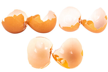 Broken chicken eggshell on white background