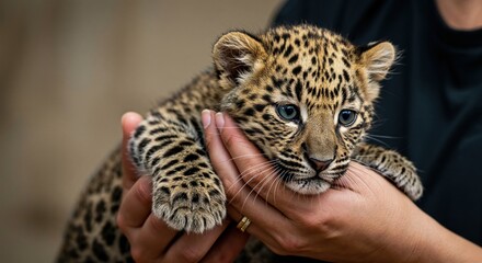 Naklejka premium A Tender Embrace: A gentle pair of hands cradles a charming leopard cub, its soft fur and bright eyes capturing a moment of sweet innocence and compassion.