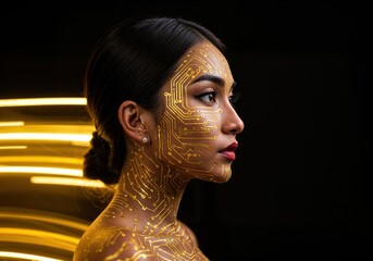 Digital Elegance: A portrait of a woman enhanced with circuitry patterns, exploring the fusion of humanity and technology against a dark background.