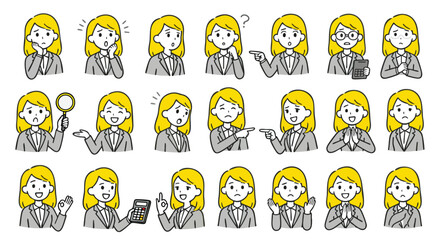 Businesswoman cartoon character set with various facial expressions and hand gestures, vector illustration