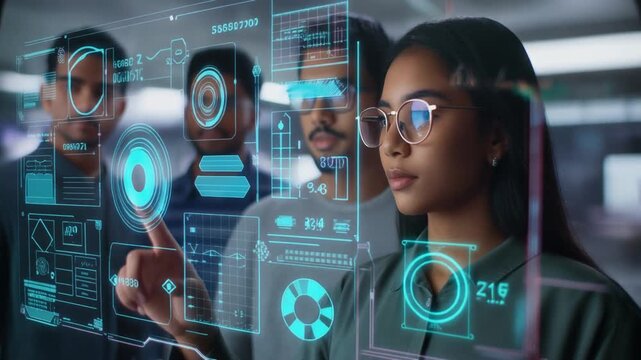 Computer programmers analyzing futuristic holographic data interface — software development, data analytics, and artificial intelligence technology concept.4k video - Powered by Adobe