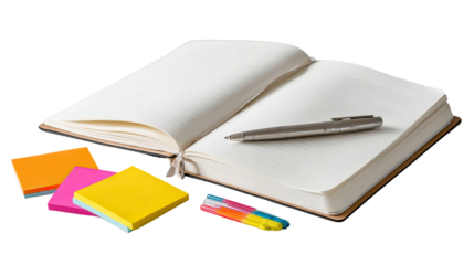 Open notebook with pen and sticky notes for study and organization on transparent background
