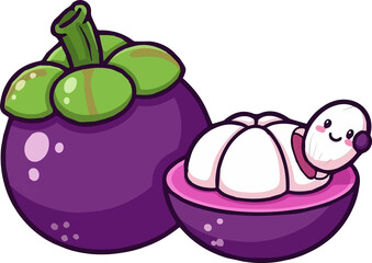 Cartoon Illustration of Mangosteen with Cute Face