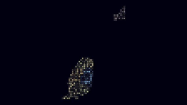 Grenada map animation. Shape of the country with pulsating colored dots. Small size circle blocks. Digital style Grenada map on dark background. Awesome video.