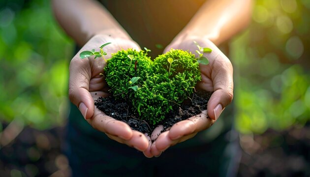 ハート型の苔を両手で持っている、地球や環境を考えるイメージ　AI生成素材