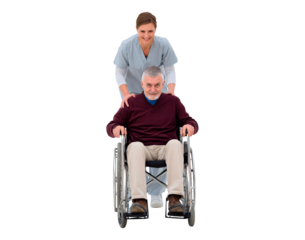 Caring nurse assisting senior man in wheelchair for healthcare and support concept