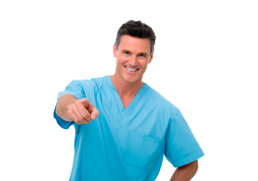 Friendly male nurse smiling and pointing forward in blue scrubs for healthcare promotion - Powered by Adobe