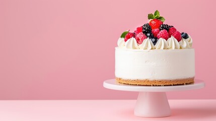 Delicious white cake topped with fresh berries and mint leaves on a pink background for festive occasions and celebrations
