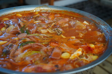 Korean Army Stew (Budae Jjigae) Boiling in a Large Pot