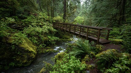 Tranquil wooden bridge crosses a babbling brook through a lush, moss-covered temperate rainforest inviting peaceful exploration