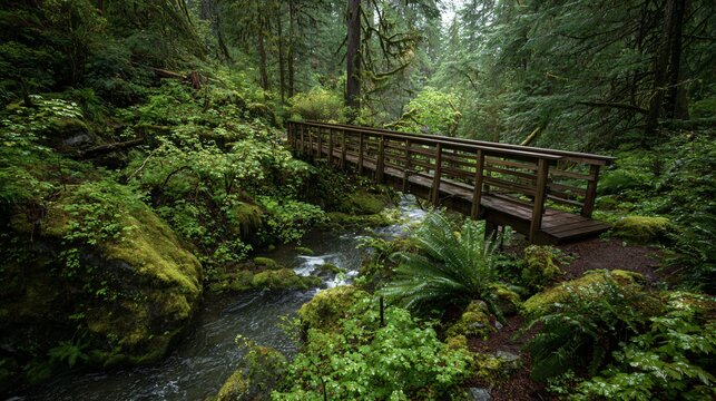 Tranquil wooden bridge crosses a babbling brook through a lush, moss-covered temperate rainforest inviting peaceful exploration