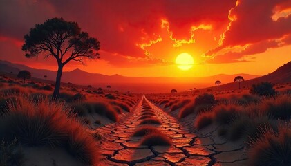 Fiery Sunset Over Cracked Earth A Desolate Landscape Embracing the Rage of Summer Drought