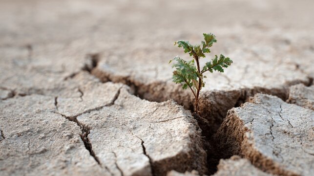 Resilient seedling emerges from cracked dry earth symbolizing hope, perseverance, and new beginnings in challenging environments