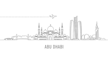 Abu Dhabi Skyline Line Art with Airplane and Cityscape