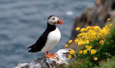  beautiful, colorful puffin perched on a rock with oceanic vegetation