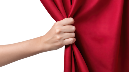 Hand opening red curtain for theater or event reveal concept