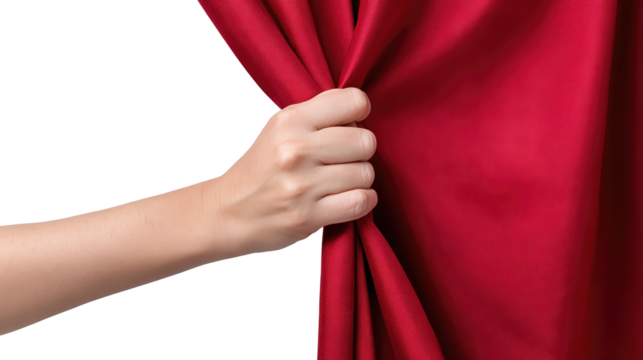Hand opening red curtain for theater or event reveal concept