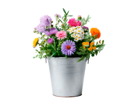 Vibrant bouquet of wildflowers in metal bucket for floral decoration and arrangements