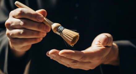 A male priest in black holds a censer and a brush with blessed anointing oil while performing a blessing ceremony. Religious tradition. Orthodoxy.